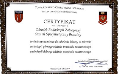 Pracownia endoskopii Szpitala w&nbsp;Brzezinach z&nbsp;Certyfikatem Towarzystwa Chirurgów Polskich